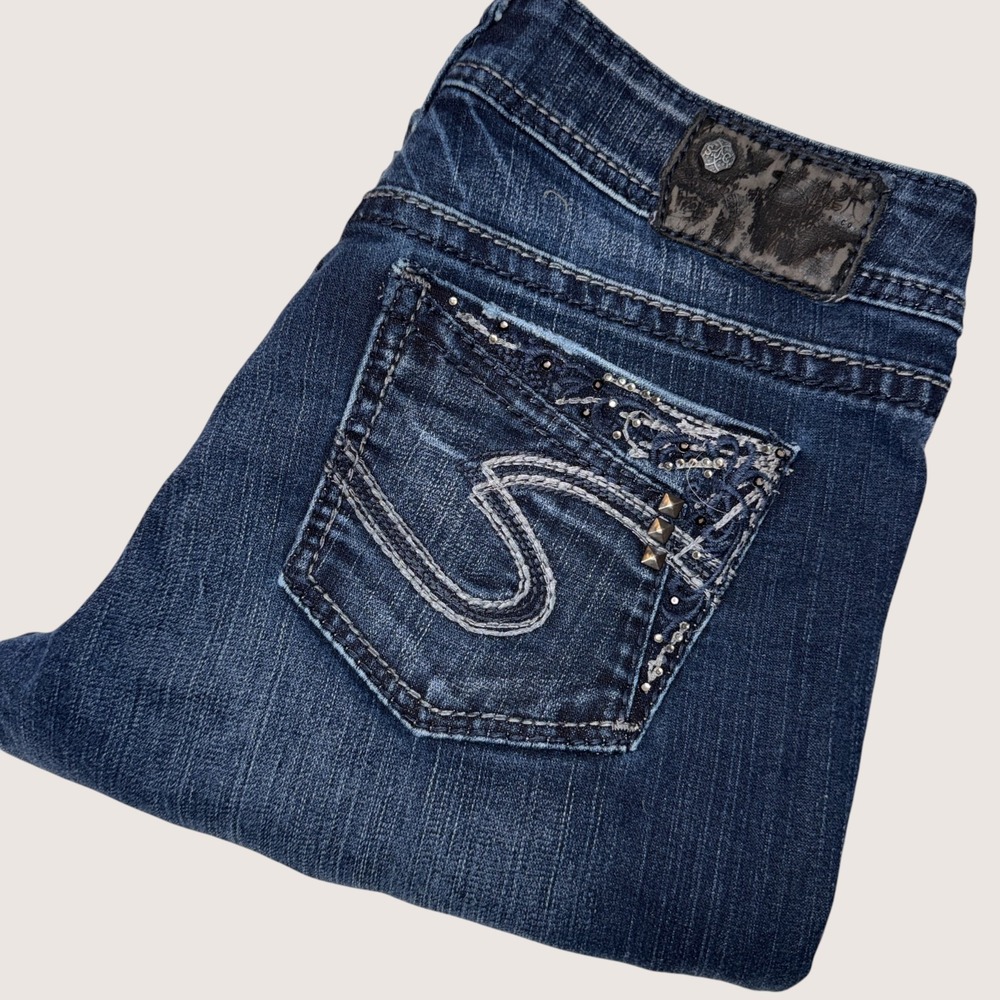 Silver Jeans Co Womens Bootcut Embellished‎ Dark Wash Denim Jeans Size 28 Glam
